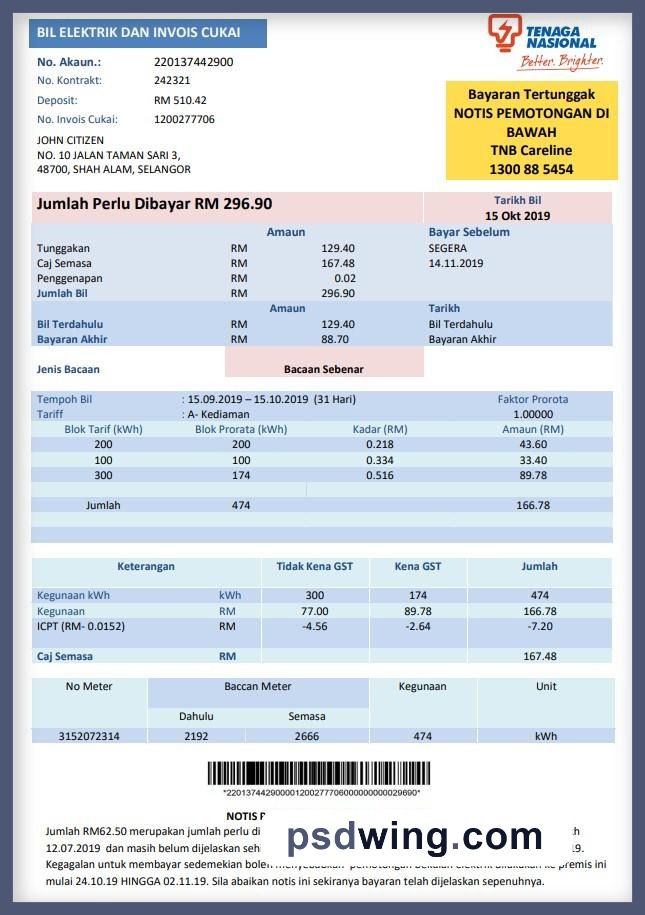 Malaysia Tenaga Nasional Electricity Utility Bill